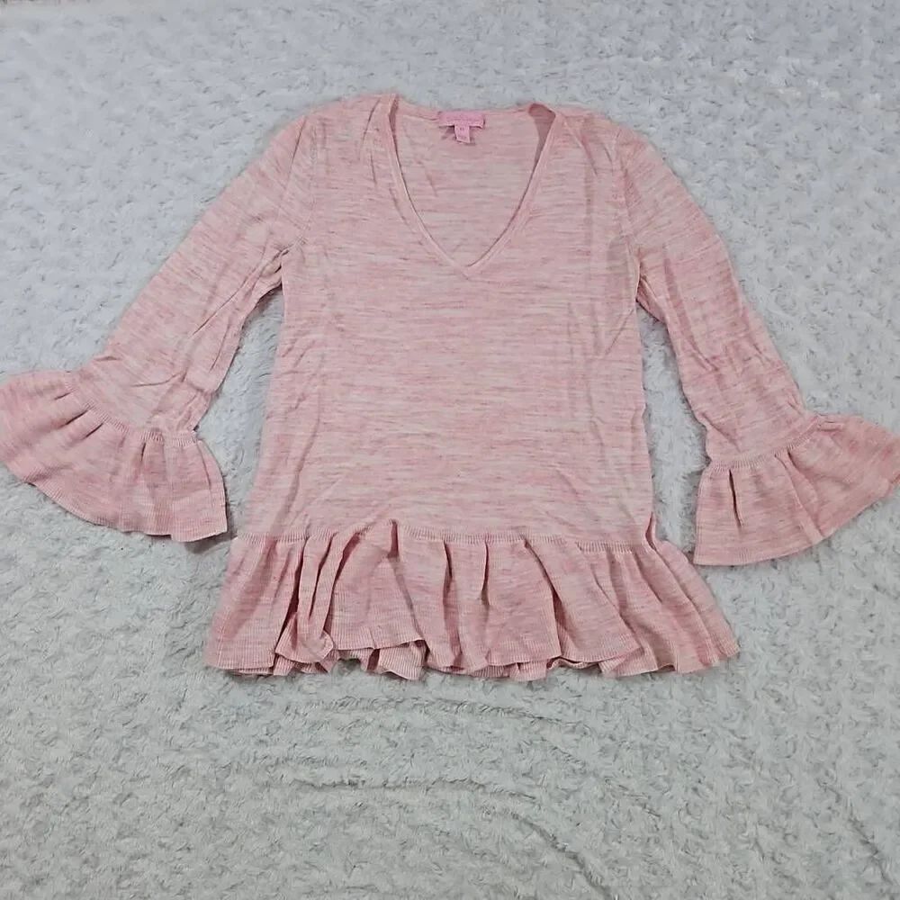 Lilly Pulitzer womens size XS Adelia Pink Coral Reef Sweater Ruffle Hem Sleeves